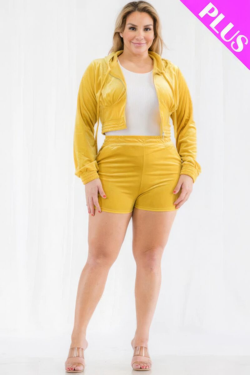 Plus Size Velour Crop Zip Up Hoodie And Shorts Set - Image 7