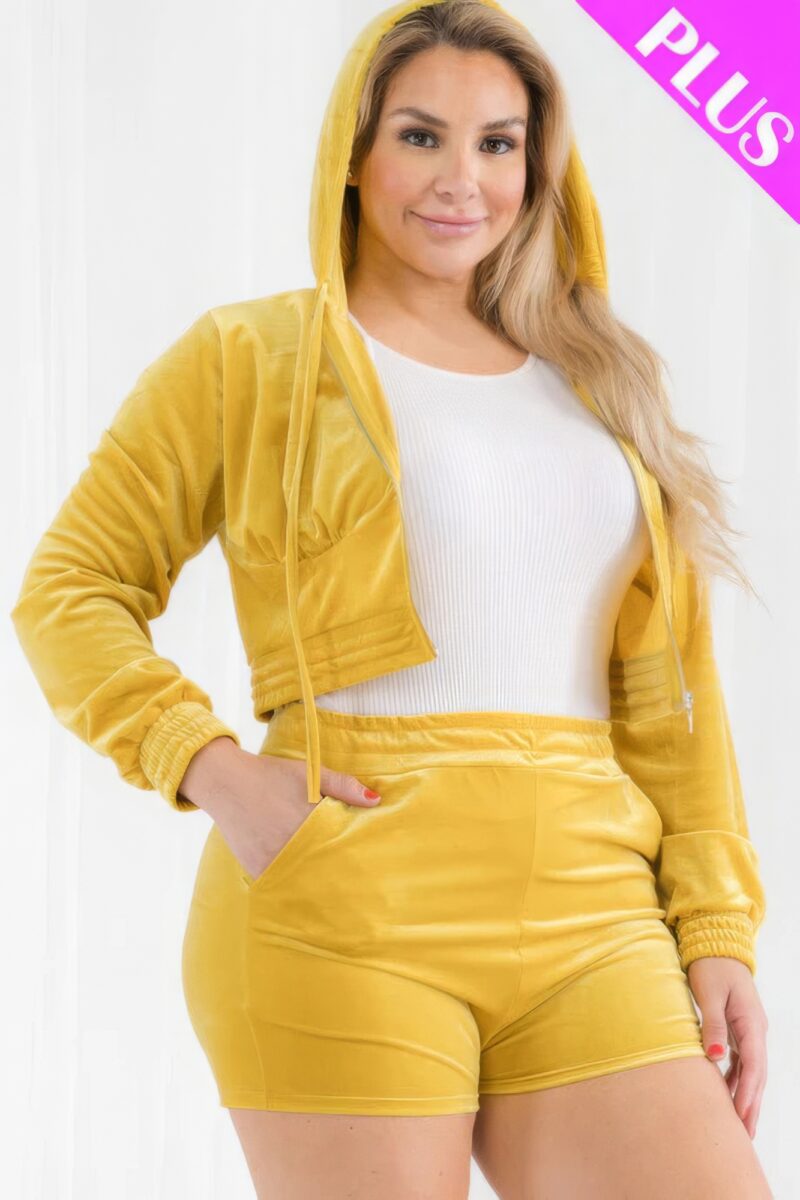 Plus Size Velour Crop Zip Up Hoodie And Shorts Set - Image 8