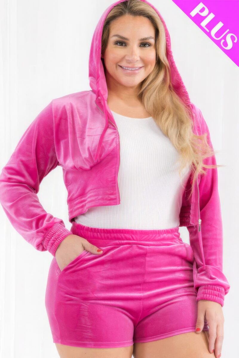 Plus Size Velour Crop Zip Up Hoodie And Shorts Set - Image 23