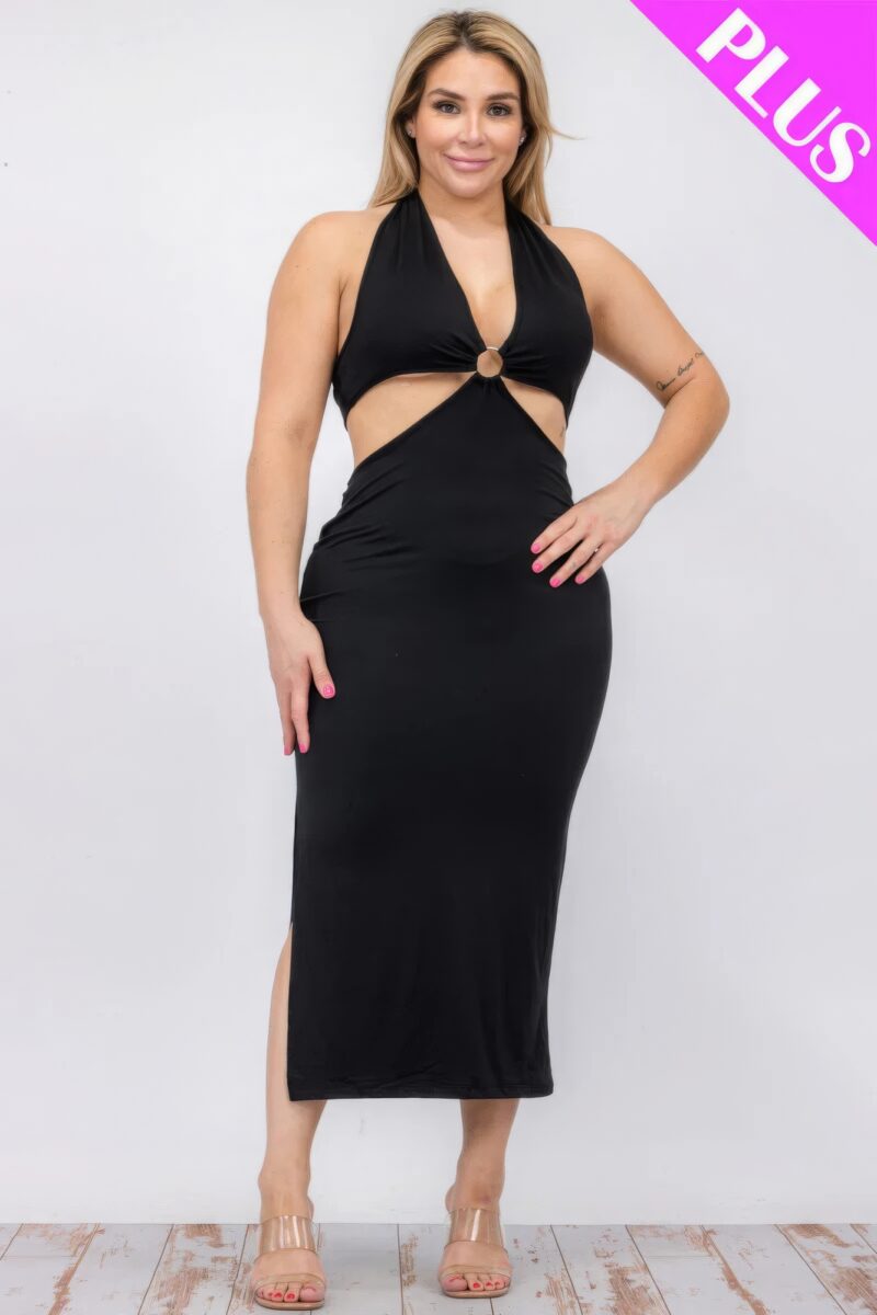 Plus Size Cut-out Halter Neck Double Back Tie Split Thigh Midi Dress - Image 19