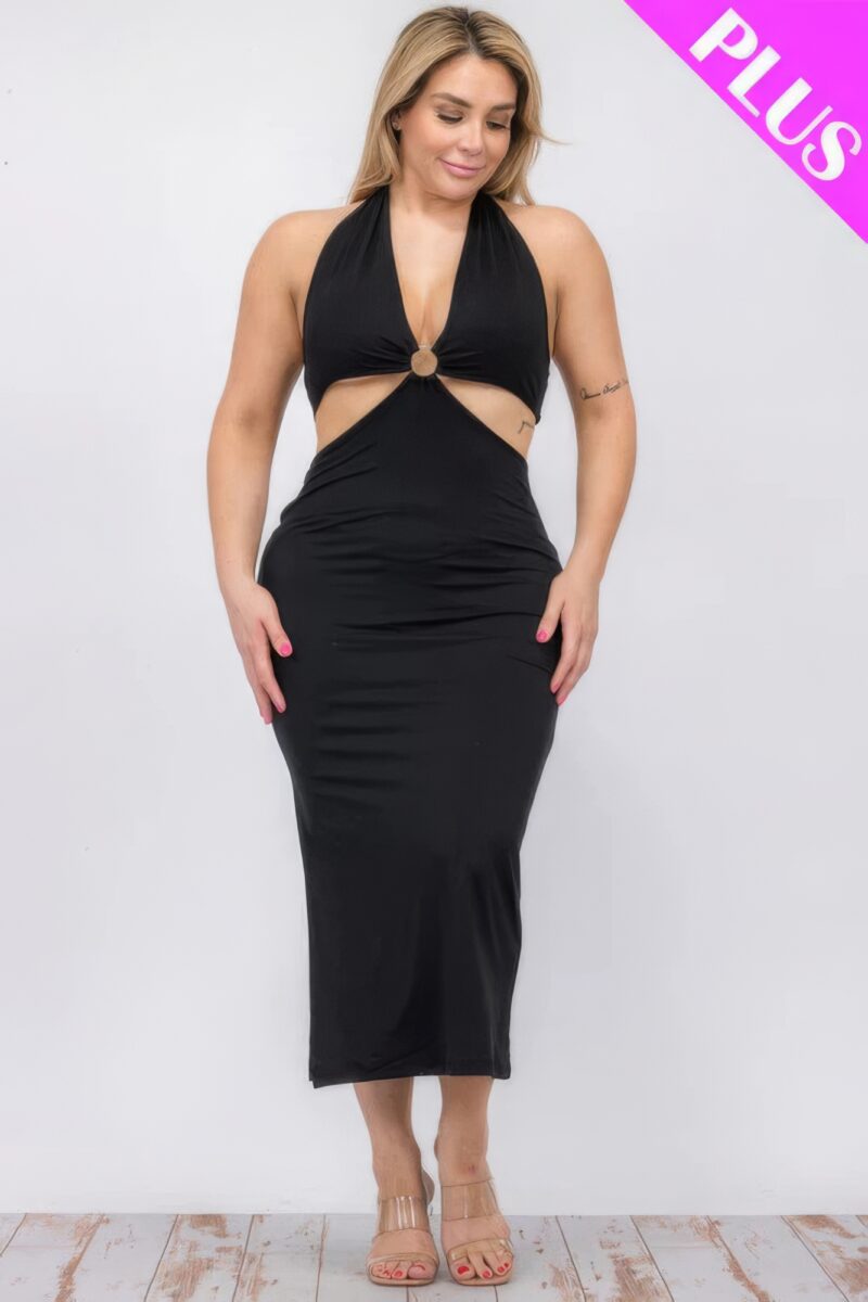 Plus Size Cut-out Halter Neck Double Back Tie Split Thigh Midi Dress - Image 20