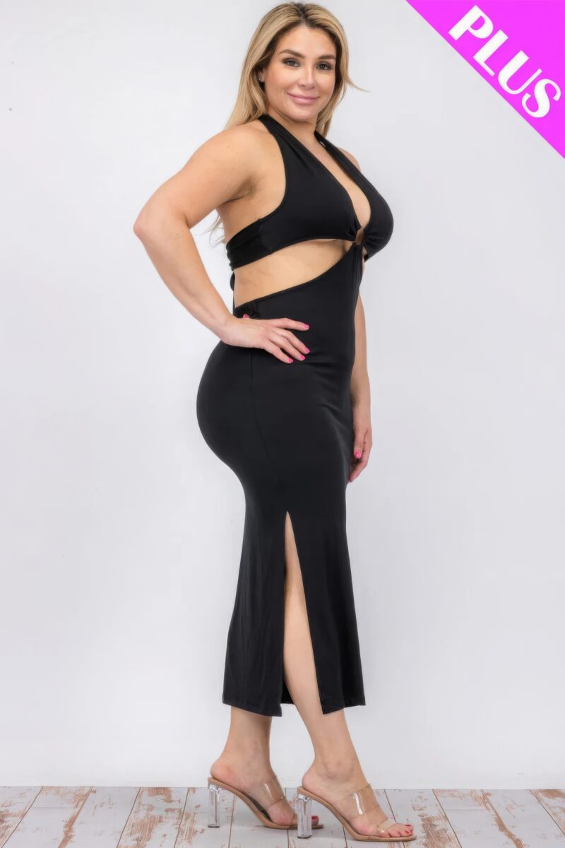 Plus Size Cut-out Halter Neck Double Back Tie Split Thigh Midi Dress - Image 21