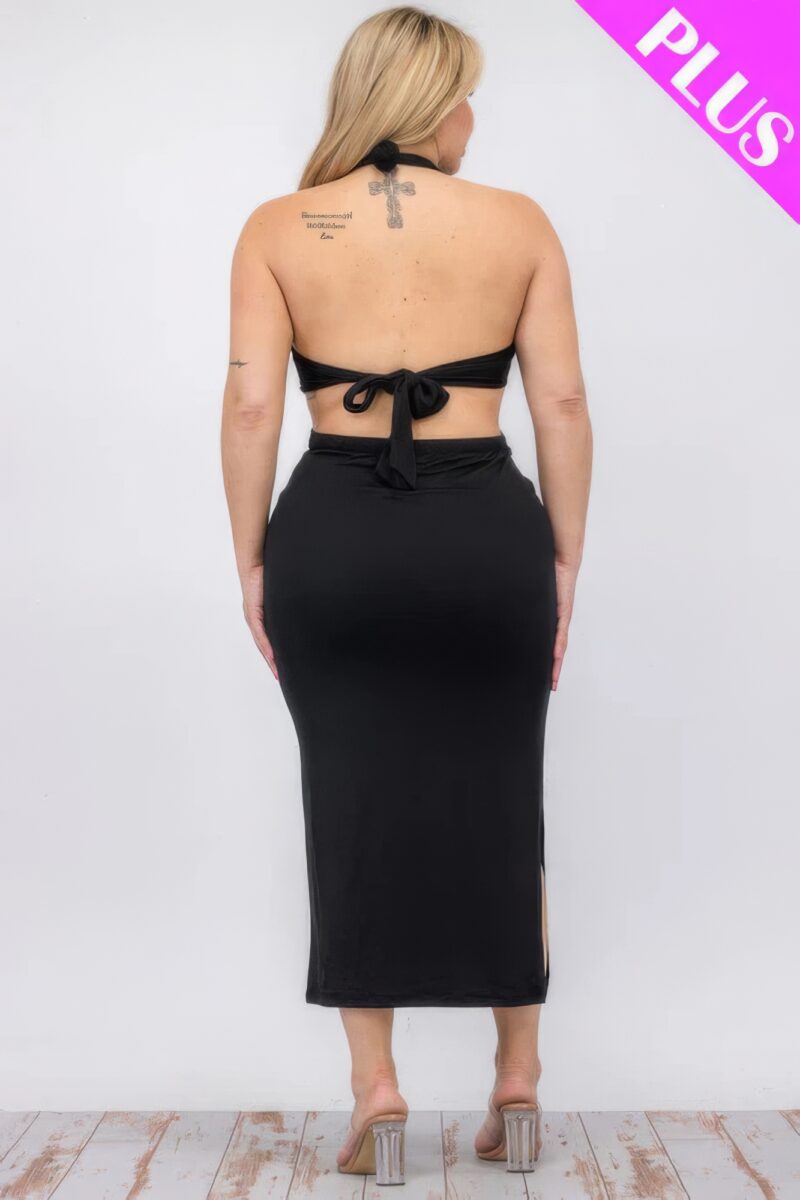 Plus Size Cut-out Halter Neck Double Back Tie Split Thigh Midi Dress - Image 23