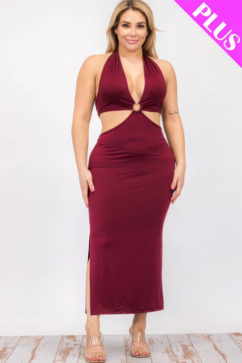 Plus Size Cut-out Halter Neck Double Back Tie Split Thigh Midi Dress - Image 14