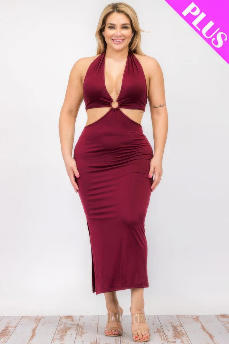 Plus Size Cut-out Halter Neck Double Back Tie Split Thigh Midi Dress - Image 15