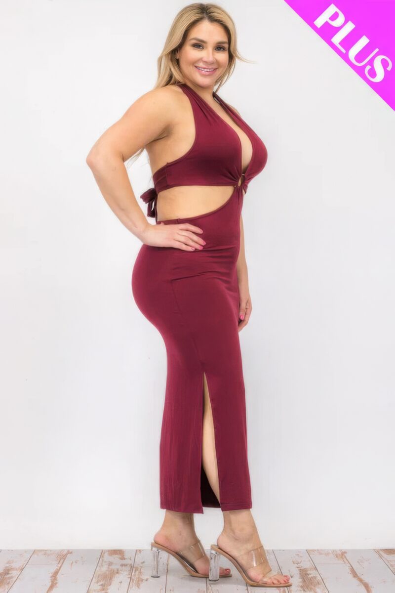 Plus Size Cut-out Halter Neck Double Back Tie Split Thigh Midi Dress - Image 16