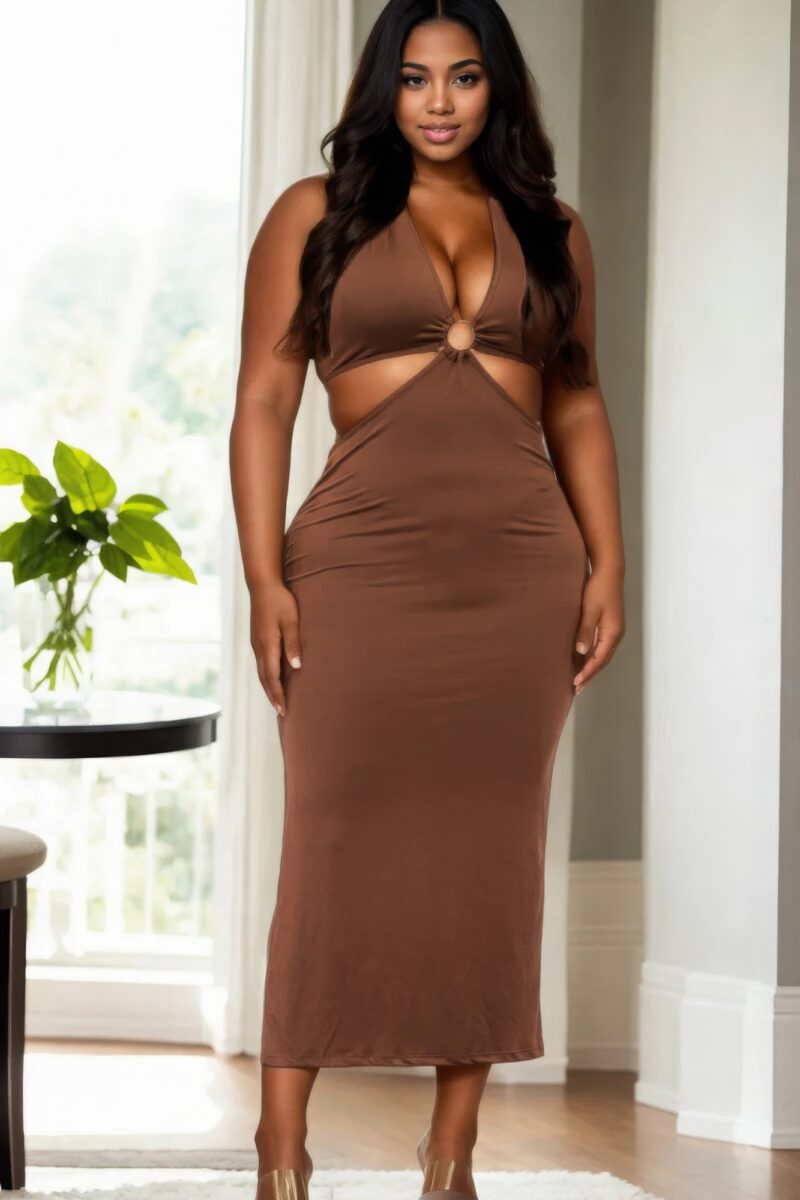 Plus Size Cut-out Halter Neck Double Back Tie Split Thigh Midi Dress - Image 10