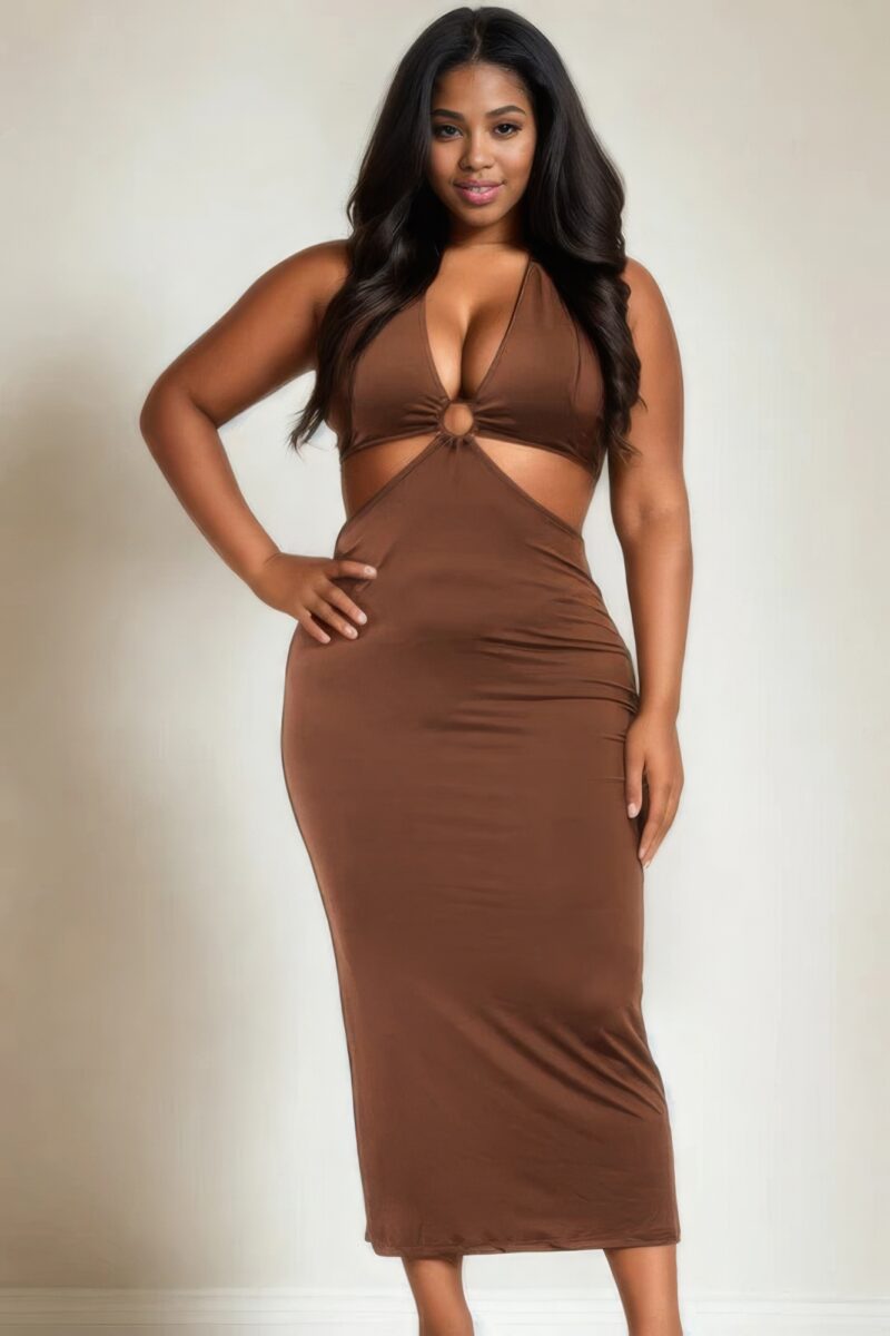 Plus Size Cut-out Halter Neck Double Back Tie Split Thigh Midi Dress - Image 11