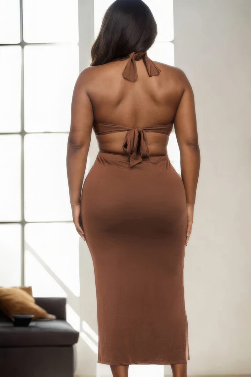 Plus Size Cut-out Halter Neck Double Back Tie Split Thigh Midi Dress - Image 13