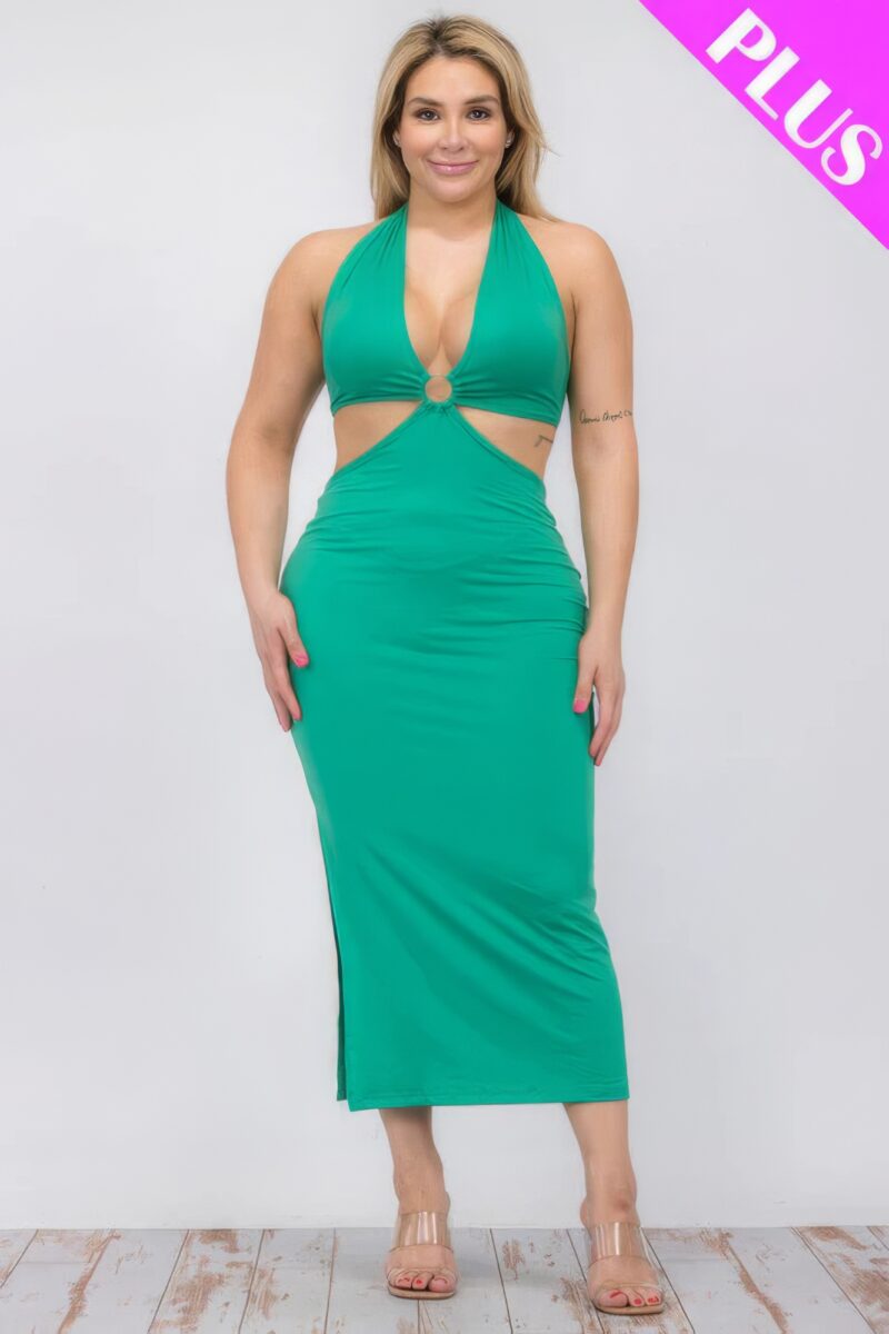 Plus Size Cut-out Halter Neck Double Back Tie Split Thigh Midi Dress - Image 25