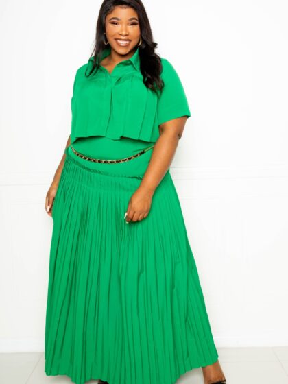 Pleated Cropped Shirt And Maxi Skirt Set