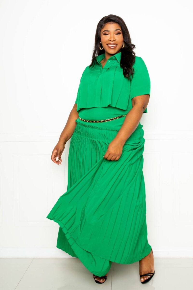 Pleated Cropped Shirt And Maxi Skirt Set - Image 2