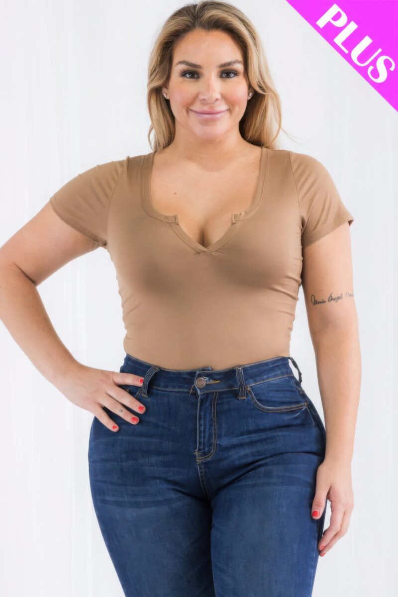 Plus Size Casual Split Neck Solid Short Sleeve Bodysuit - Image 27