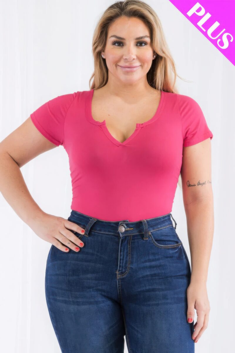 Plus Size Casual Split Neck Solid Short Sleeve Bodysuit - Image 17