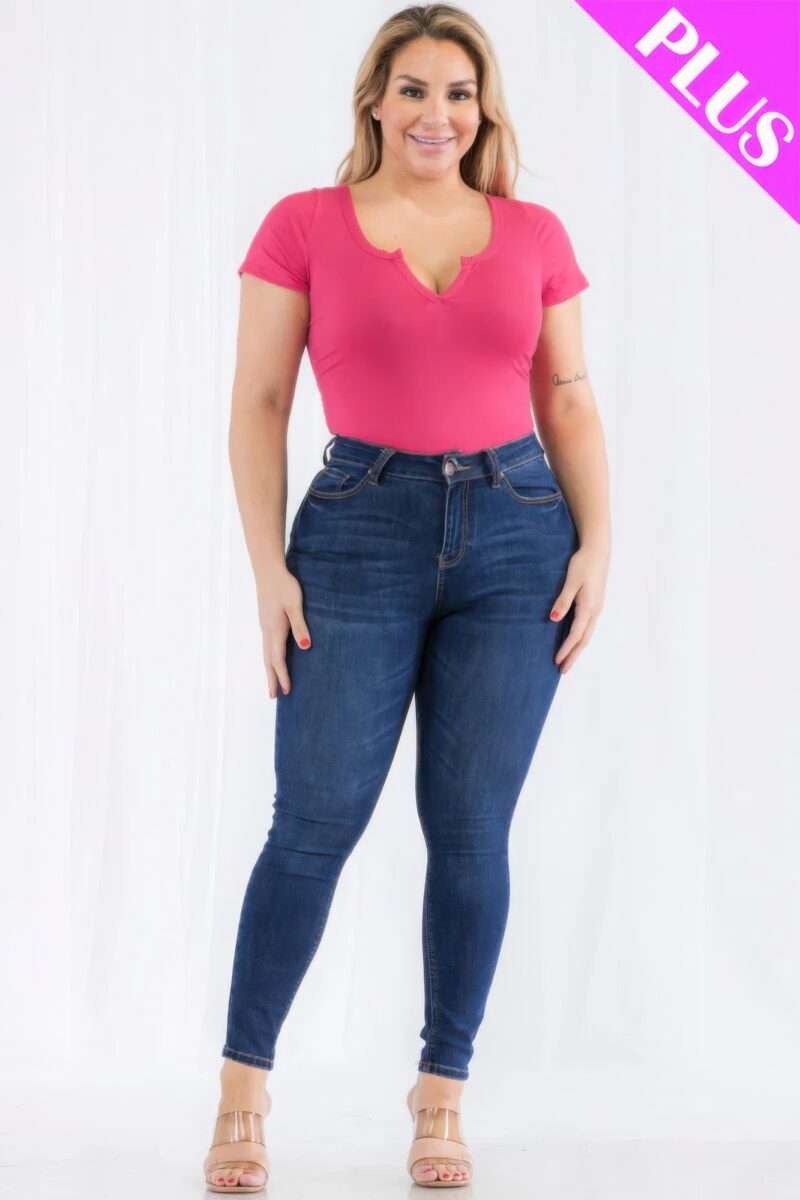 Plus Size Casual Split Neck Solid Short Sleeve Bodysuit - Image 18