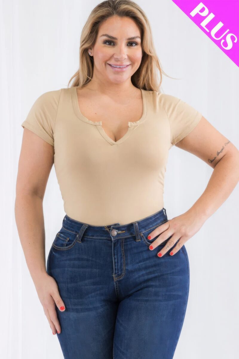 Plus Size Casual Split Neck Solid Short Sleeve Bodysuit - Image 12