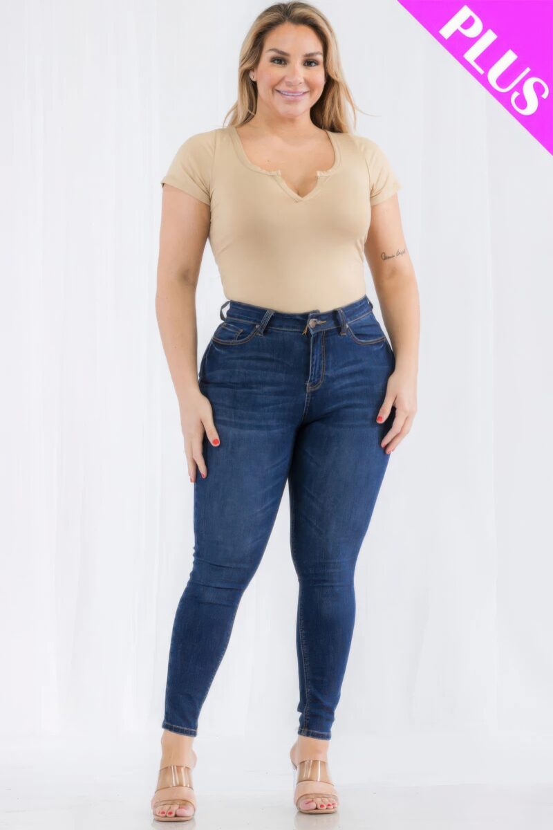 Plus Size Casual Split Neck Solid Short Sleeve Bodysuit - Image 13