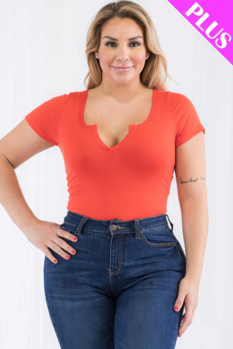 Plus Size Casual Split Neck Solid Short Sleeve Bodysuit - Image 7