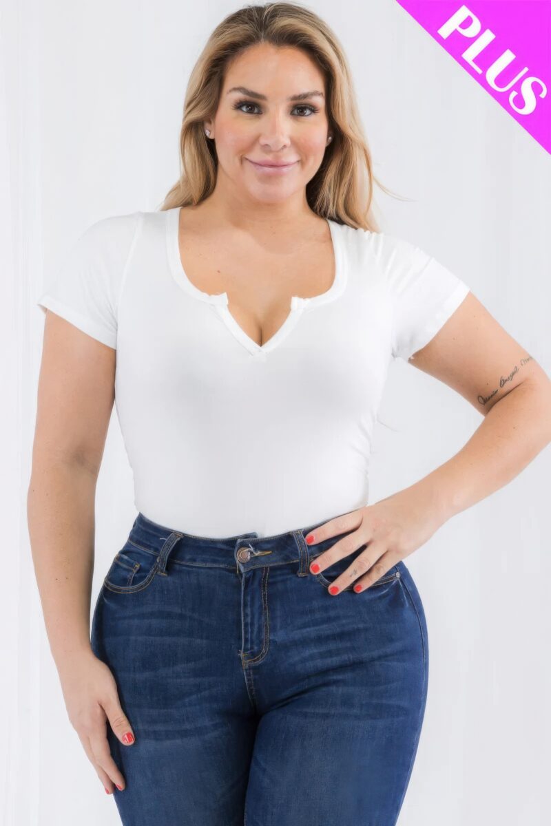 Plus Size Casual Split Neck Solid Short Sleeve Bodysuit - Image 2