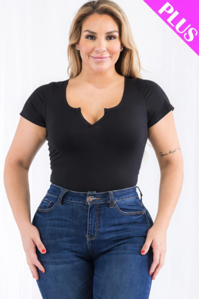 Plus Size Casual Split Neck Solid Short Sleeve Bodysuit - Image 32