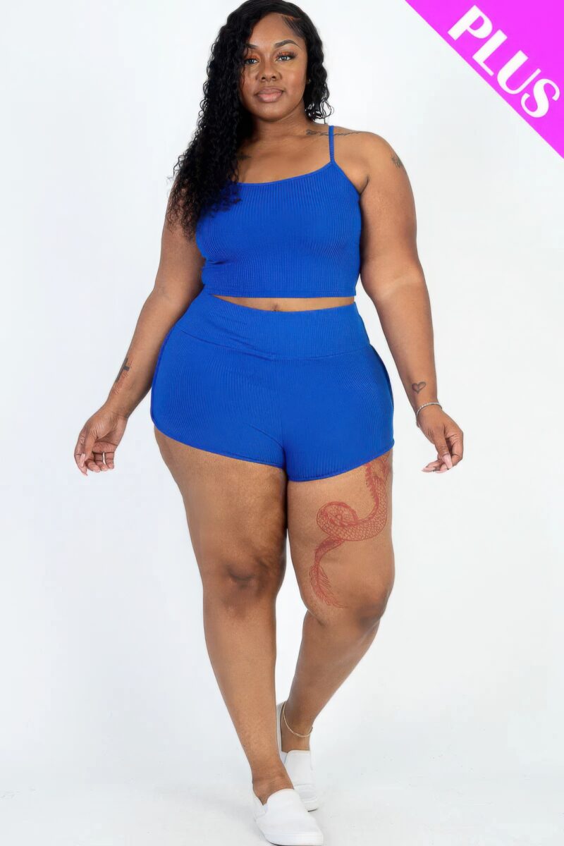 Plus Size Ribbed Cami Crop Top & Ruched Shorts Set - Image 21