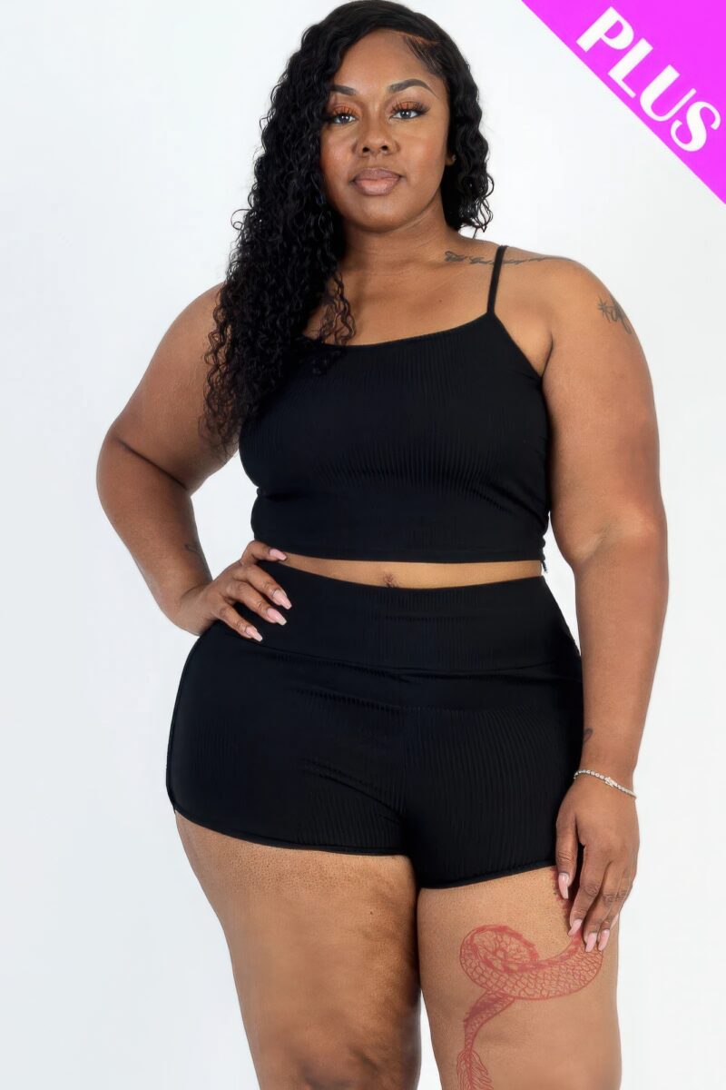 Plus Size Ribbed Cami Crop Top & Ruched Shorts Set - Image 15