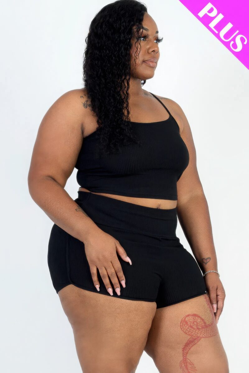 Plus Size Ribbed Cami Crop Top & Ruched Shorts Set - Image 17