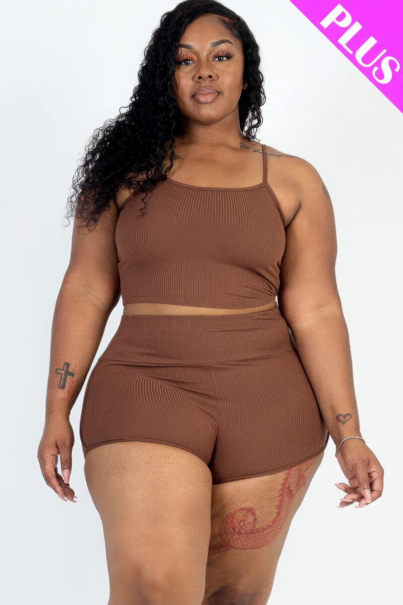 Plus Size Ribbed Cami Crop Top & Ruched Shorts Set - Image 10