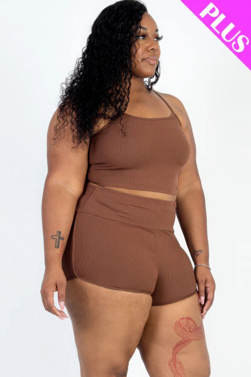 Plus Size Ribbed Cami Crop Top & Ruched Shorts Set - Image 12