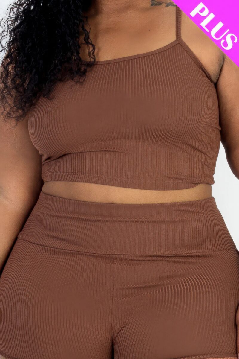 Plus Size Ribbed Cami Crop Top & Ruched Shorts Set - Image 13