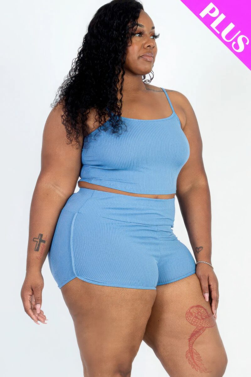 Plus Size Ribbed Cami Crop Top & Ruched Shorts Set - Image 7