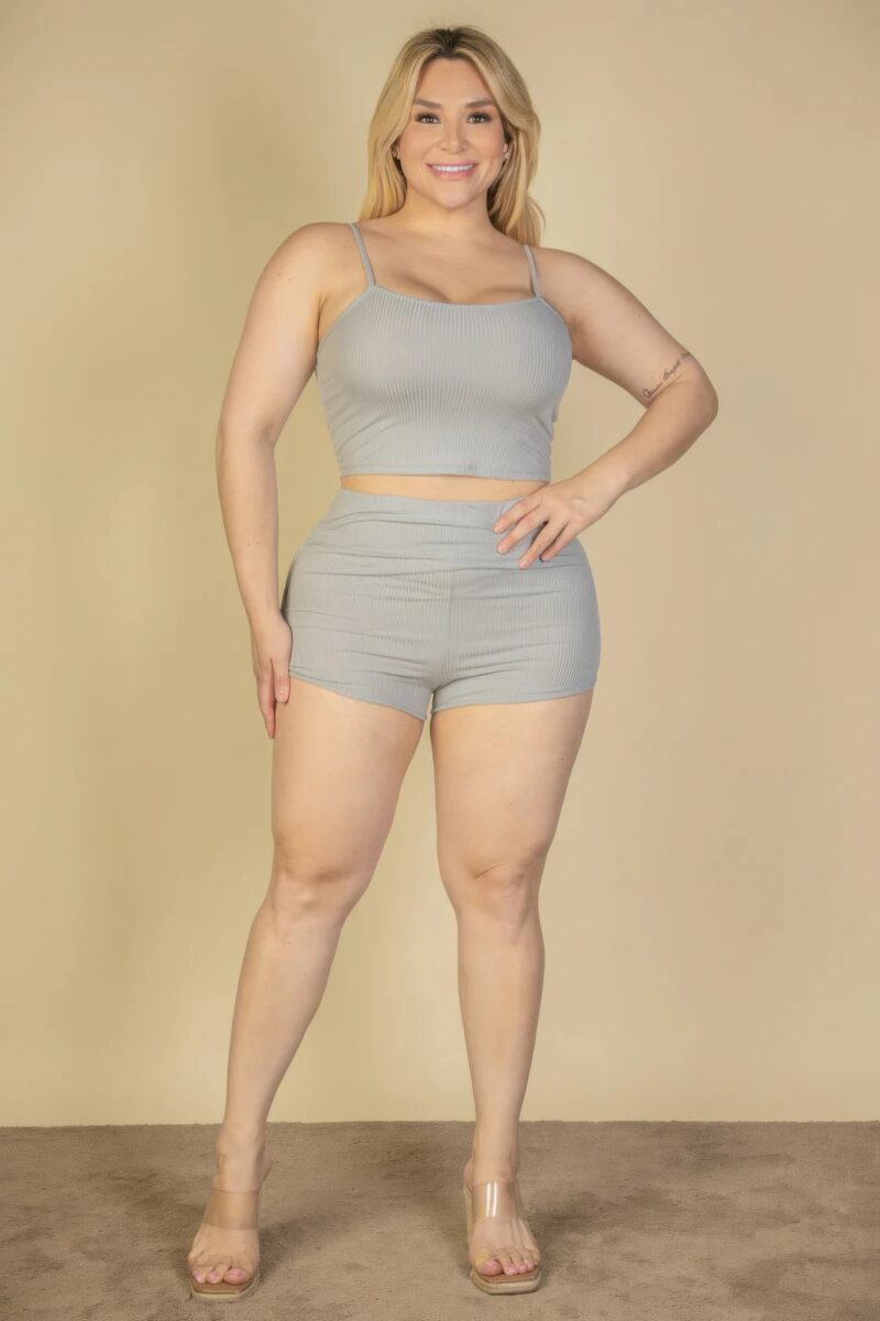 Plus Size Ribbed Cami Crop Top & Ruched Shorts Set - Image 2