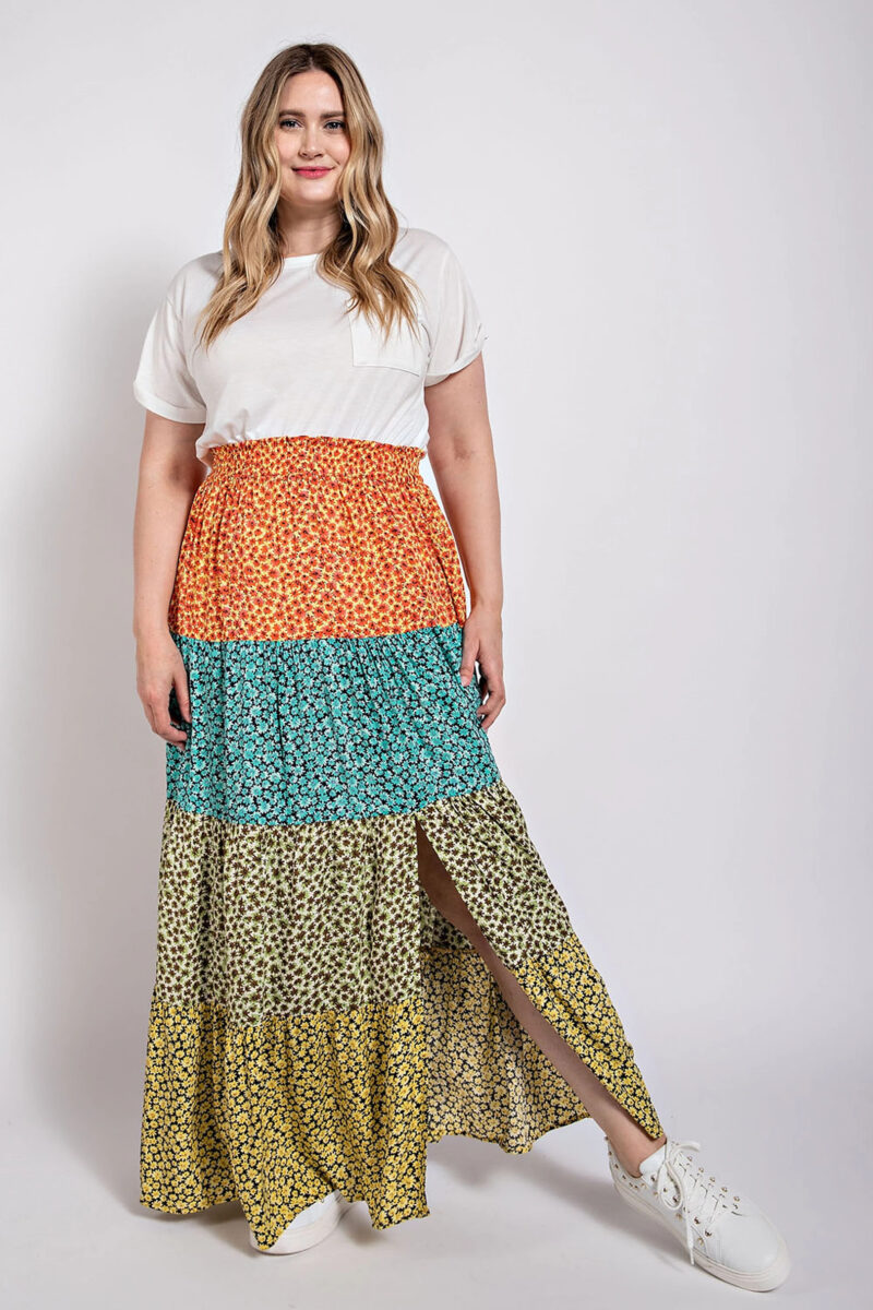 Ditsy floral color block skirt with front slit - Image 2