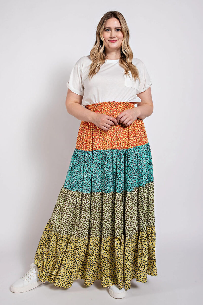 Ditsy floral color block skirt with front slit - Image 3