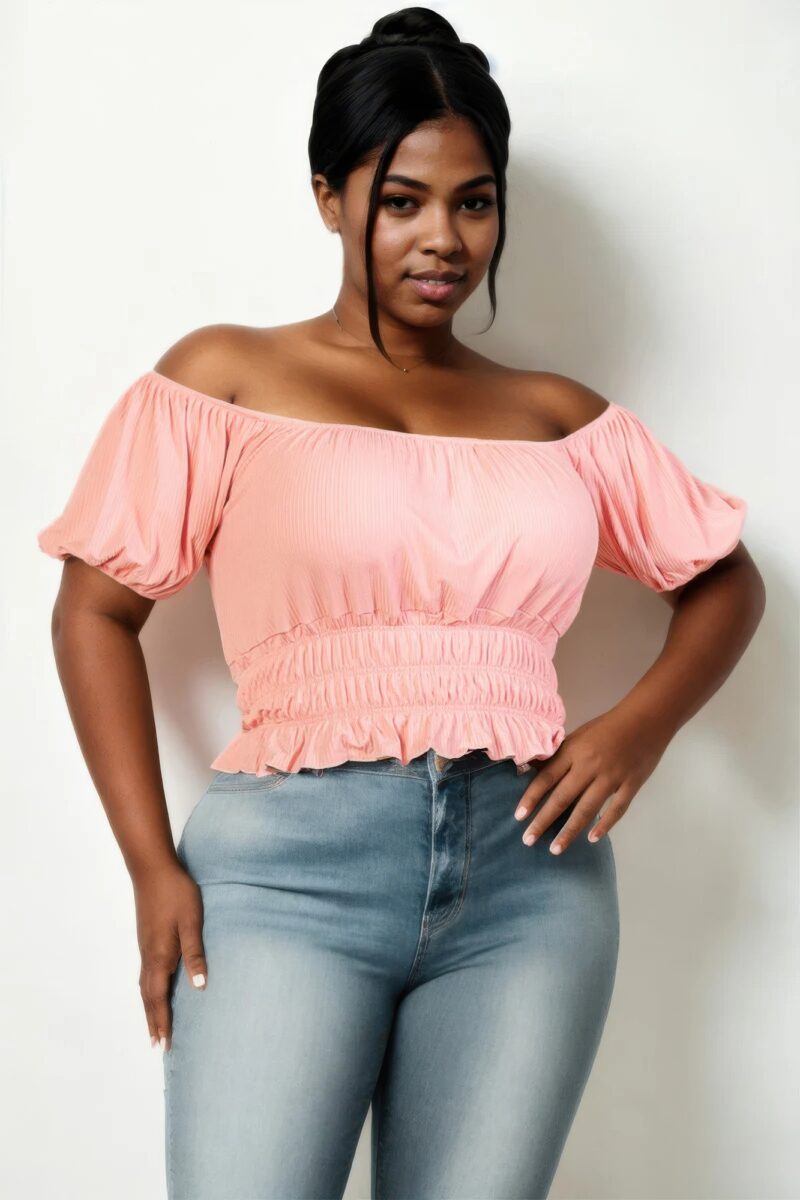 Plus size casual ruched puff sleeve ribbed knit solid top - Image 16